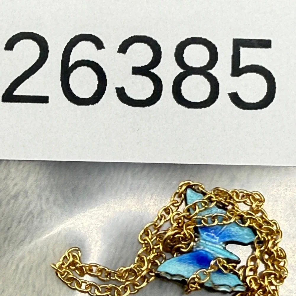 Vintage Enamel Butterfly‎ Necklace Blue Guilloche Gold Tone 16